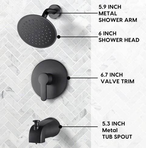Matte Black Tub And Shower Faucet Set With Valve And 6 Inch Rain Shower Head Easy Install Tub Shower Combo Dope Dual Handle Bath Fixture For Modern Bathrooms displayed against white tile