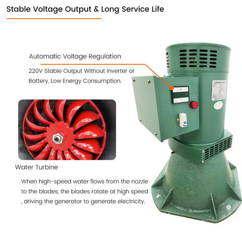 10KW Hydro Power Generator Water Turbine For AC 220V Single Phase Pelton Turbine 0.06 M3/S Flow with automatic voltage regulation