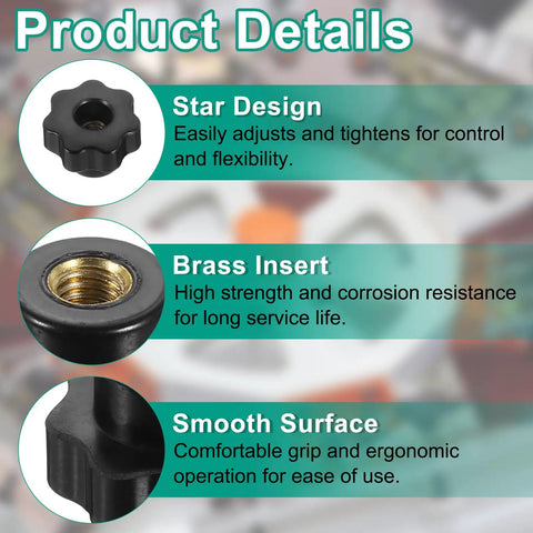 Straight Up Solid 7 Point Star Knobs M6 Metric Female Thread 25Mm Plastic Head Brass Insert Screw In Clamping Handles Jig Knobs Black 2 Pack with smooth surface.