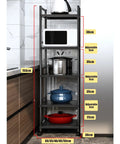 5-Tier Metal Standing Storage Shelves On Wheels With Height Adjustable Racks in kitchen with cookware displayed