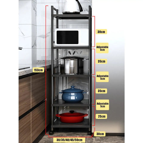5-Tier Metal Standing Storage Shelves On Wheels With Height Adjustable Racks in kitchen with cookware displayed