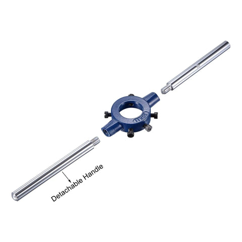 Pro Grade Tap And Die Set For Three Eighths Inch 16 UNC Threads With 30mm Round Die Stock Handle Wrench High Speed Steel Threading Tool For Repair DIY And General Machining, showing detachable handle design.