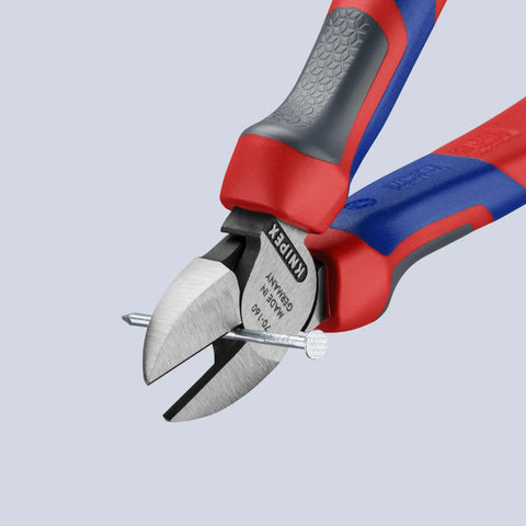 Comfort Grip Diagonal Cutters 160 mm with ergonomic handles cutting wire, showing color coded system and tether ready setup.