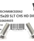 Top Shelf M8 X 20 Millimeter Stainless Steel Slotted Cheese Head Machine Screws Din 84 A2 70 Grade heavy-duty fasteners on packaging.