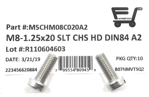 Top Shelf M8 X 20 Millimeter Stainless Steel Slotted Cheese Head Machine Screws Din 84 A2 70 Grade heavy-duty fasteners on packaging.