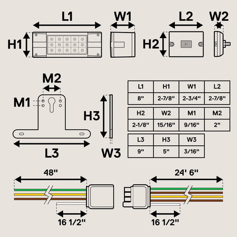Diagram of Beefed Up 36 LED Trailer Light Kit With Amber Marker For Over 80 Inch Trailers DOT Approved IP67 specs and dimensions.