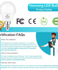 Certification FAQs for Hansang E12 LED Bulbs 60W Equivalent Daylight 5000K with CE, FCC, Rohs compliance badges displayed.
