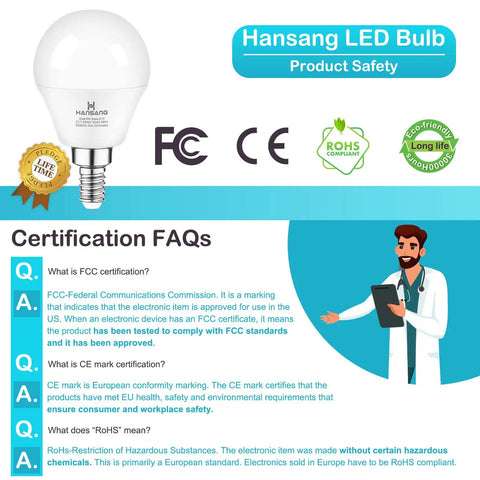 Certification FAQs for Hansang E12 LED Bulbs 60W Equivalent Daylight 5000K with CE, FCC, Rohs compliance badges displayed.