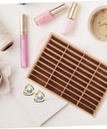 Totally Game Changing Wood Jewelry Tray With Plush Suede Grid Organization Board featuring 40 dedicated spaces for rings and makeup essentials.
