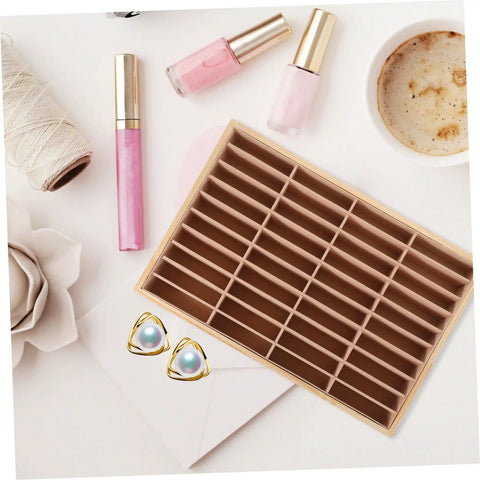 Totally Game Changing Wood Jewelry Tray With Plush Suede Grid Organization Board featuring 40 dedicated spaces for rings and makeup essentials.