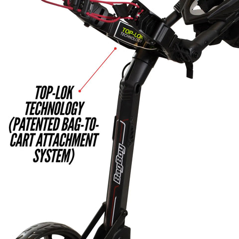 Nitron Golf Push Cart With Auto Open Technology And Top Lok System, featuring Top-Lok bag attachment, black frame detail