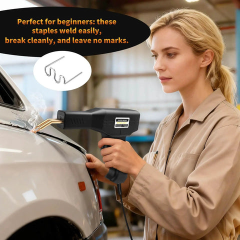 Person using Plastic Welder Kit With 1200 Staples For DIYers - Instant On Off 100W Heat on a car bumper for repair