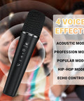 Wireless microphone with 4 voice effects for 60W Bluetooth Karaoke Speaker And Wireless PA System With Dual Microphones, Guitar Input, Bass Boost, Sound Effects, Portable Karaoke Machine For Teachers, Parties, And On The Go Performances.
