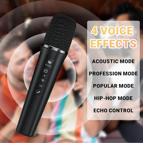 Wireless microphone with 4 voice effects for 60W Bluetooth Karaoke Speaker And Wireless PA System With Dual Microphones, Guitar Input, Bass Boost, Sound Effects, Portable Karaoke Machine For Teachers, Parties, And On The Go Performances.
