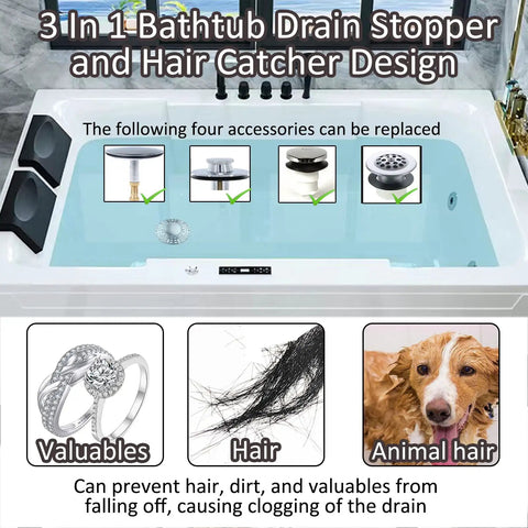 3 In 1 Bathtub Drain Stopper and Hair Catcher Design, showcasing smooth handle, preventing clogs, and fitting standard tubs.
