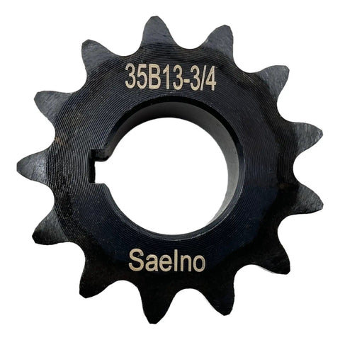 ANSI 35 Roller Chain Sprocket Type B 3/4 Bore 13 Teeth For ANSI 35 Chain Hardened 1045 Carbon Steel Drive Sprocket With 3/16 X 3/32 Keyway And Two Setscrews At 90 Degrees Type B High Frequency Quenched To HRC 38 To 42, black 13-tooth sprocket