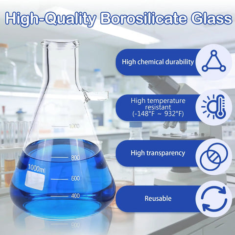 1000 mL Buchner Filtration Kit with Erlenmeyer flask, borosilicate glass, high chemical durability, and high temperature resistance