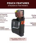 6-In-1 Tool Pouch With Six Pockets And Holders, Compact Belt Organizer for Tape, Hammer, Utility Knife, Fits Belts Up to 3 Inches