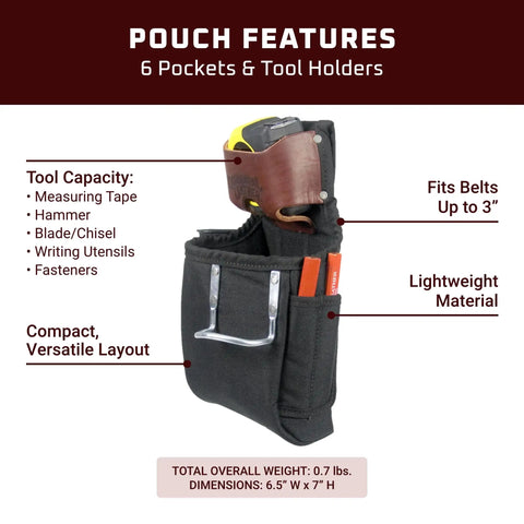 6-In-1 Tool Pouch With Six Pockets And Holders, Compact Belt Organizer for Tape, Hammer, Utility Knife, Fits Belts Up to 3 Inches