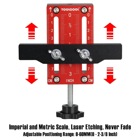 Front view of Aluminum Alloy Cabinet Door Mounting Jig with Built In Screw Clamp, red and black, for easy cabinet door installation.