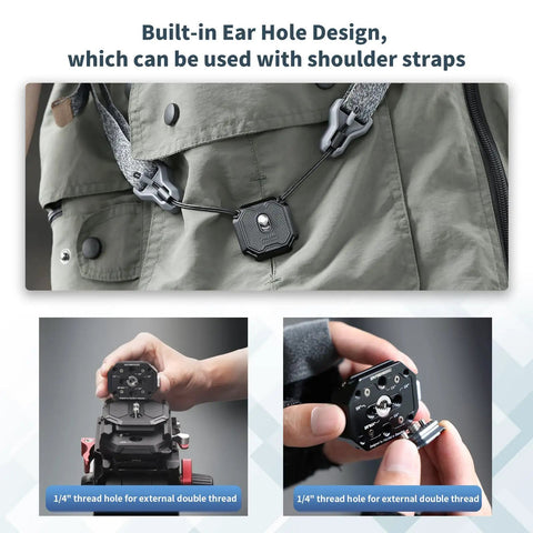 Multi Hole Camera Quick Release Plate Kit With 1 Quarter To 3 Eighth Inch Thread attached to strap and close-up of threaded holes