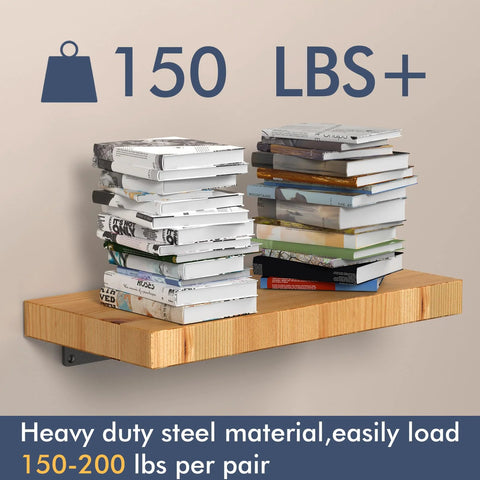 Hidden Floating Shelf Brackets Set 6 Pack 6 Inch Heavy Duty Black Metal L Brackets supporting books on wooden shelf