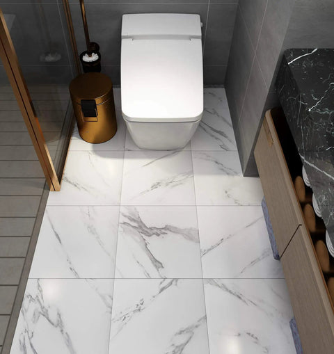 White Marble Peel And Stick Floor Tiles 12x12 Inch Waterproof Vinyl Flooring For Budget Friendly Easy DIY Install in bathroom