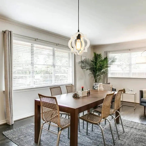Farmhouse Chandelier Pendant Light With Distressed White Wood And Black Accent Adjustable Height over dining table