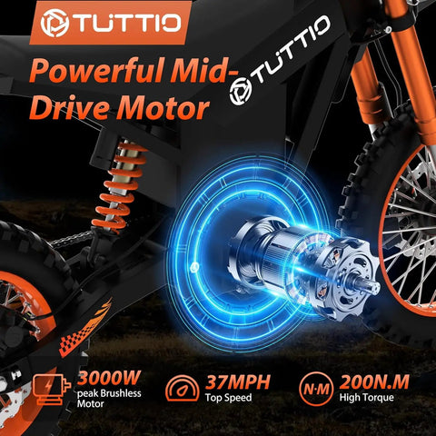 Built To Shred Mini Electric Dirt Bike With Serious 2000W Motor And High Capacity 21Ah Battery, 37Mph Top Speed, motor close-up showcasing power and torque.
