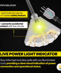 Close-up of Heavy Duty 100 Ft Outdoor Extension Cord 12 Slash 3 With Triple Outlet And Light Indicator showing plug and light