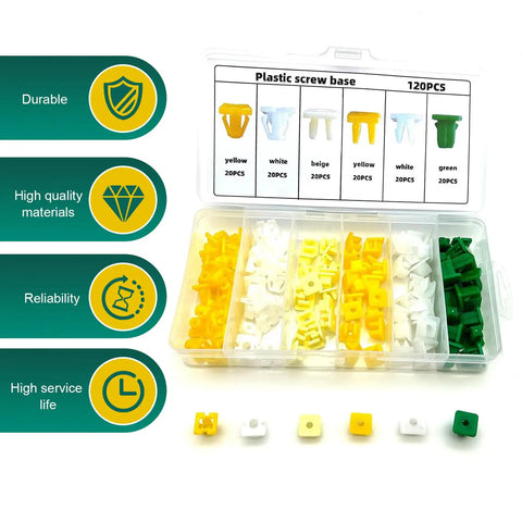 120 Piece Nylon Grommet Screw Nuts Kit for Car Body Repair and License Plates, Universal Plastic Fasteners in multicolor box