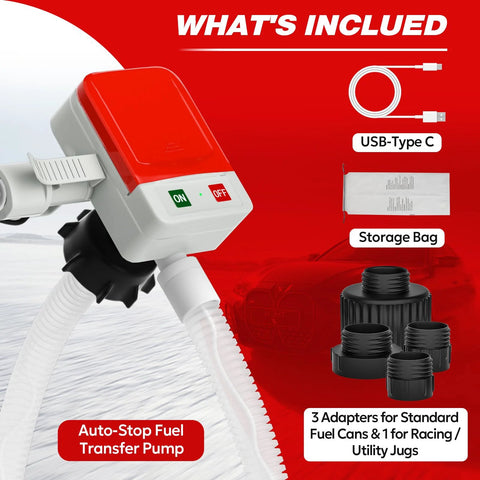 Portable Fuel Transfer Pump With Auto Stop, Fast 3.2 GPM, 51 Inch Hose, Battery And USB Powered, 4 Adapters, Leak Proof Gas Oil Diesel Transfer Kit For Cars, Lawn Mowers, Motorcycles And More with auto-stop nozzle and USB cable