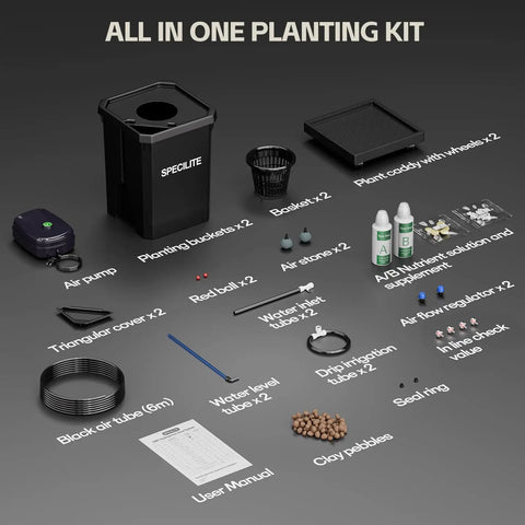 Deep Water Culture Hydroponics Grow System With Top Drip Kit For Home Growers, components displayed on a gray surface