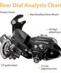 Tourney RD TY300 6 And 7 Speed Rear Derailleur Long Cage with detailed analysis chart and adjusting screws.