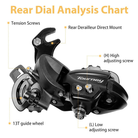 Tourney RD TY300 6 And 7 Speed Rear Derailleur Long Cage with detailed analysis chart and adjusting screws.