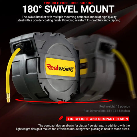 Air Hose Reel With Retractable Auto Rewind 3/8 Inch By 50 Foot Hybrid Polymer Hose Built Tough And Ready For 300 PSI