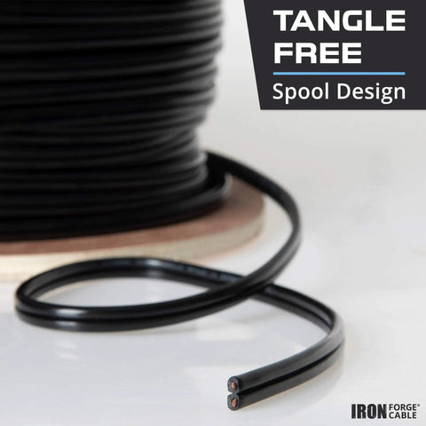 Low Voltage Landscape Wire 14 Gauge Two Conductor Black 250 Feet spool showing tangle-free design