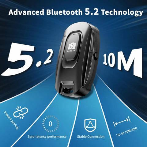 2 Pack Rechargeable Wireless Camera Remote Shutter for iPhone and Android Phones showcasing Bluetooth 5.2 technology