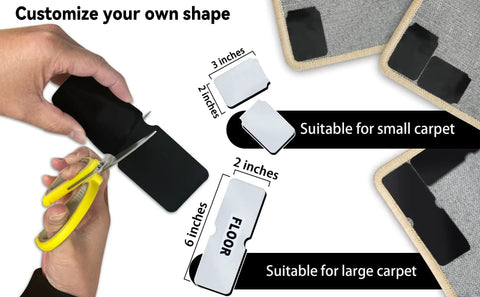 Man cutting non slip rug tape for hardwood floors and tile double sided adhesive that keeps corners flat removable residue free reusable 12 pack for area rugs and runners