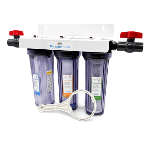 Whole House 3-Stage Water Filtration System With Three Quarter Inch Port, Dual Valves, And Extra One Year Filter Supply