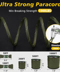 Reflective Paracord 1000Lb Heavy Duty 4Mm 13 Strand Parachute Cord shown coiled, green, available in various lengths.