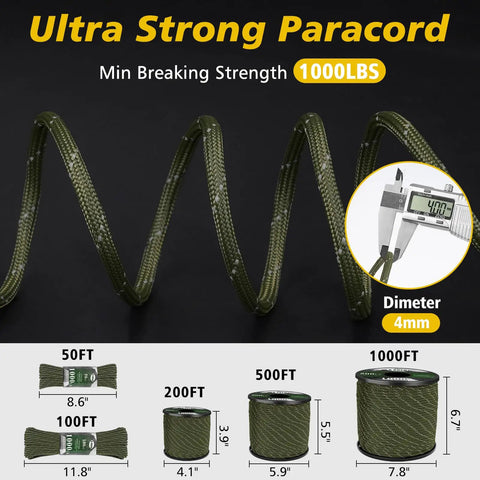 Reflective Paracord 1000Lb Heavy Duty 4Mm 13 Strand Parachute Cord shown coiled, green, available in various lengths.