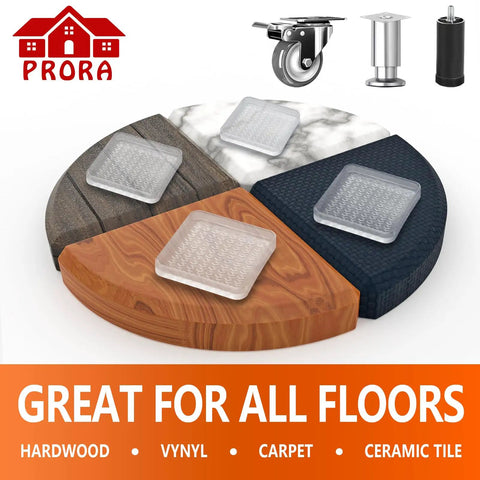 Clear 2 Inch Furniture Coasters For Hardwood Floors, Square Non Slip Rubber Pads displayed on various floor types