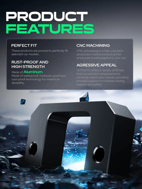 Close-up of aluminum 1 Inch Front Leveling Lift Kit for Chevy Silverado 1500 Tahoe GMC Sierra with features text.