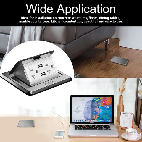 Pop Up Floor Box Waterproof Floor Outlet Kit With 20A USB Chargers And Tamper Resistant Receptacle in a home setting.