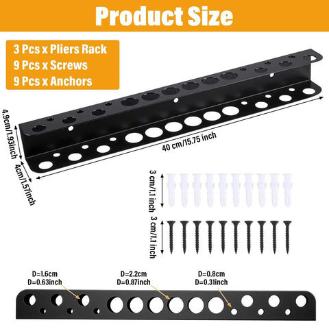 Three Pack Heavy Duty Screwdriver And Pliers Organizer Wall Mount Rack, 16.75 Inch Metal Tool Holder details with screws and anchors.