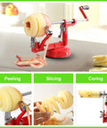 Heavy Duty Apple Peeler Corer Slicer With Hella Tough Stainless Steel Blades and Killer Chrome Construction for Apples and Potatoes, suction base in use.
