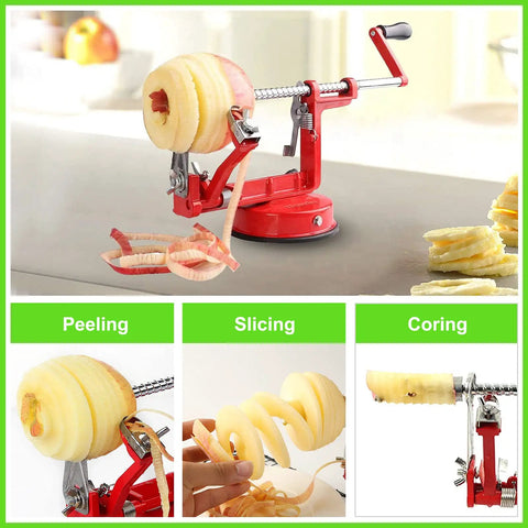 Heavy Duty Apple Peeler Corer Slicer With Hella Tough Stainless Steel Blades and Killer Chrome Construction for Apples and Potatoes, suction base in use.
