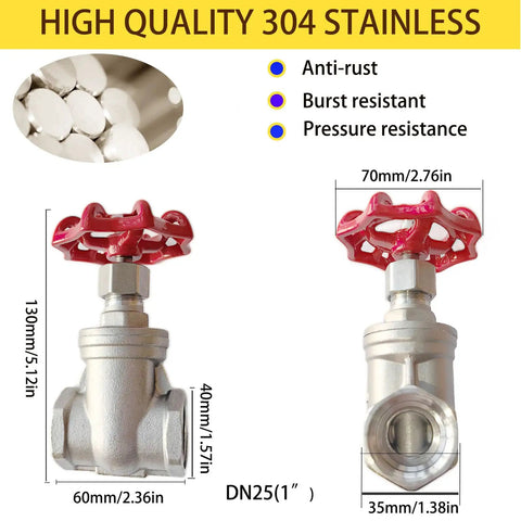 Stainless Steel Gate Valve 1 Inch NPT Female Thread Rotary Valve For Water Flow Control, 304 Grade DN25, Front and Side View