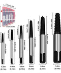 6 Piece Screw Extractor Set Made From 35CrMo Steel With Spiral Groove sizes shown with measurements in red plastic case